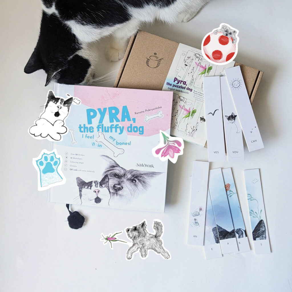 Nauka języka nagieslkiego, angieslki dla dzieci, 100% offline, nauka przez zabawę, angieslki przez zabawę, puzzle po angieslku, interaktywna książka, dzieci 5-9 lat, naklejki, otwierane okienka, pyra i gzik